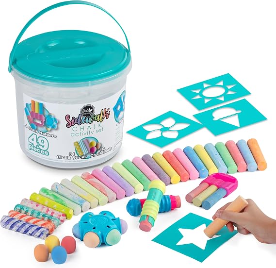 Loddie Doddie Sidewalk Chalk Bucket - 49-Piece Multicolor - Washable Outdoor Chalk for Kids Outdoor Games & Activities - Comfort-Grip Holders & Reusable Stencils for Kids Art Supplies & Toddler Play