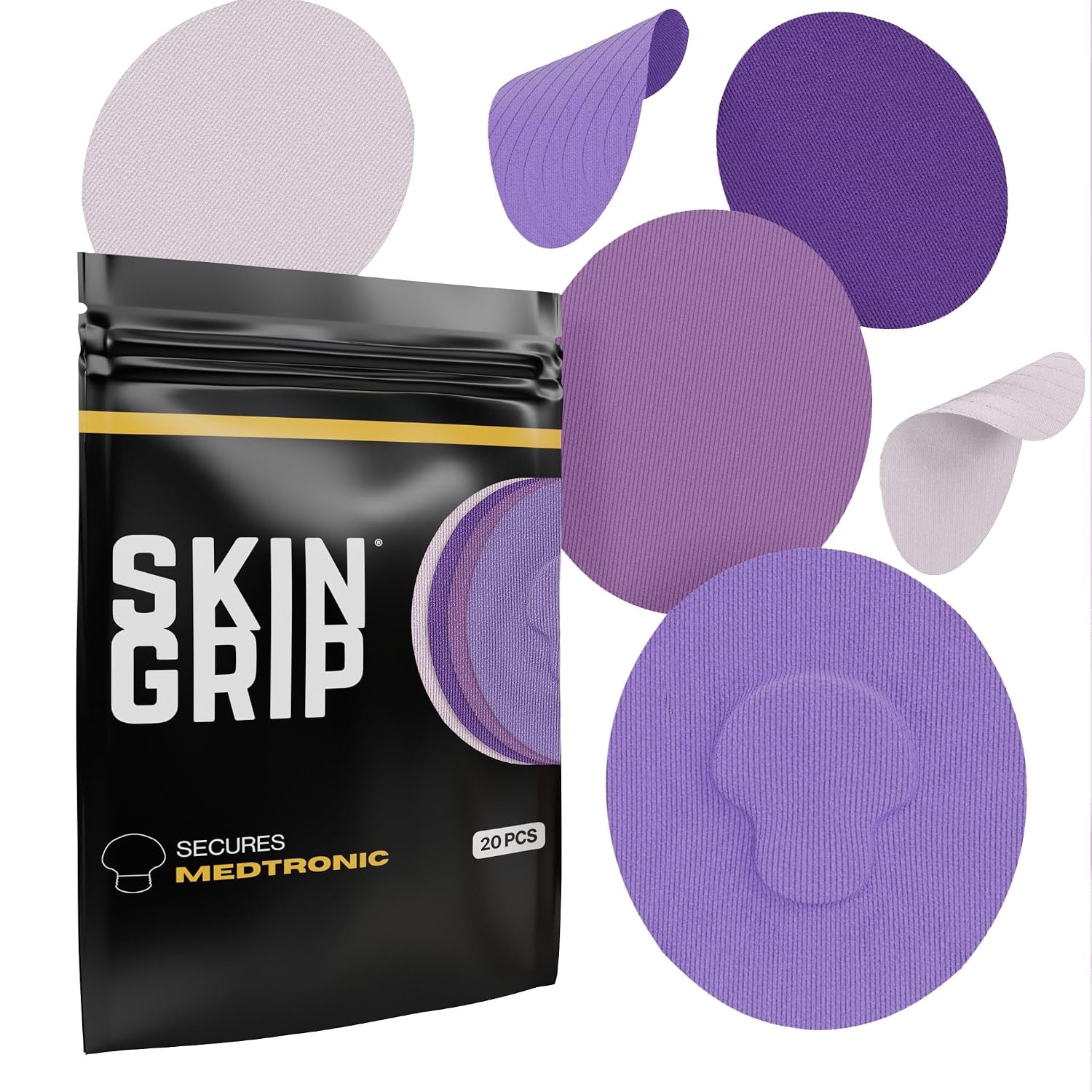 Skin Grip CGM Patches for Medtronic Guardian 20-Pack, Waterproof & Sweatproof for 10-14 Days, Pre-Cut Adhesive Tape, Continuous Glucose Monitor Protection Purple