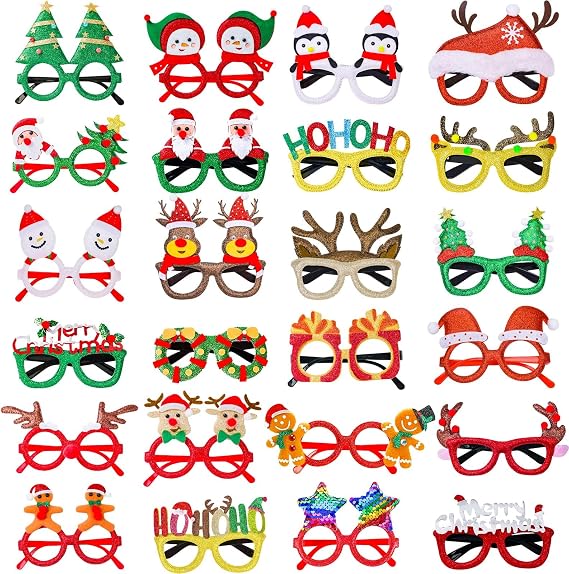 Thuodo 24Pcs Christmas Glasses Glitter Party Decorations Eyeglasses Frames, Costume Eyeglasses for Christmas Parties Holiday Favors Photo Booth Novelty Glasses Cosplay (One Size Fits All)