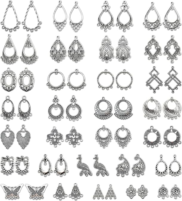 JIALEEY Antiqued Tibetan Silver Earring Chandelier Earring Jewelry Making Kit for Earring Drop and Charm Pendant Assorted Pack (30Pair 60Pcs)