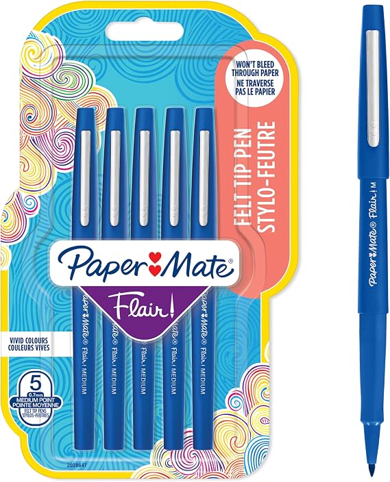 Paper Mate Flair Felt Tip Pens | Medium Point (0.7 mm) Writing Pens | Blue Pens | For Writing, Drawing & Sketching | 5 Count