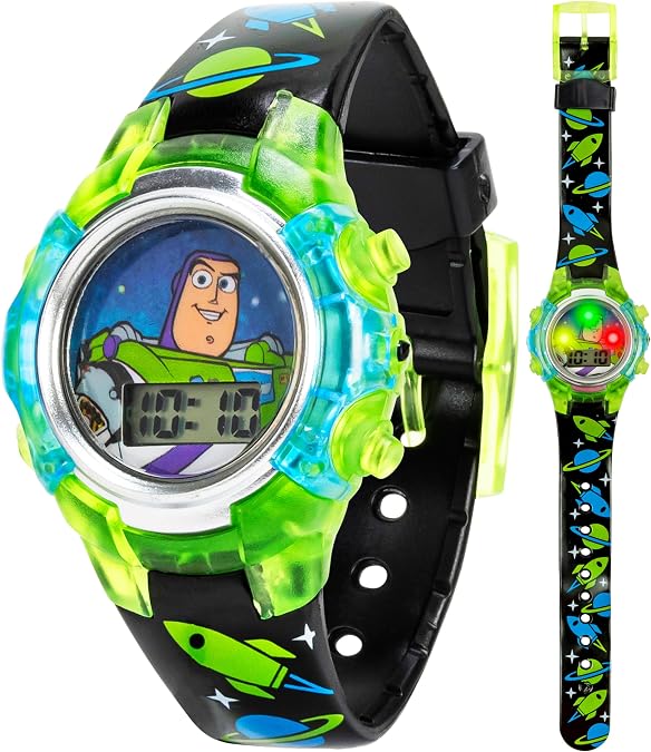 Disney Pixar Toy Story 4 Buzz Lightyear Kids Flashing LCD Watch with Colorful Light-Up Dial, Durable Case, Space-Themed Strap Perfect for Ages 4+ Boys and Girls Fits Wrists 5.5" to 8"