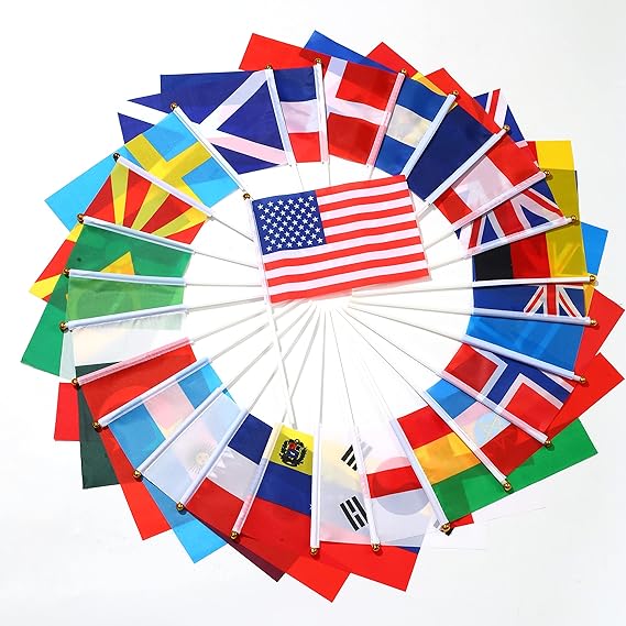 100 Countries Flags,International Country Stick Flag Small Mini Hand Held Round Top on Stick,World countries on every continent Flag,World Cup Sports Events Festival.