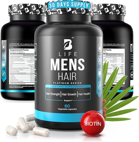 Mens Hair Growth Supplement Biotin & Collagen Hair Vitamins for Men Thicker, Fuller Hair, Nail & Scalp Support Hair Loss Supplement with Zinc, Selenium & Vitamins A C D E 60 Capsules