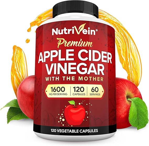 Nutrivein Apple Cider Vinegar Supplement with Mother 1600 mg - 120 Capsules | Unfiltered ACV pills for men and women. Supports digestion, keto routines, and balanced nutrition. Non-GMO, 2-month supply.
