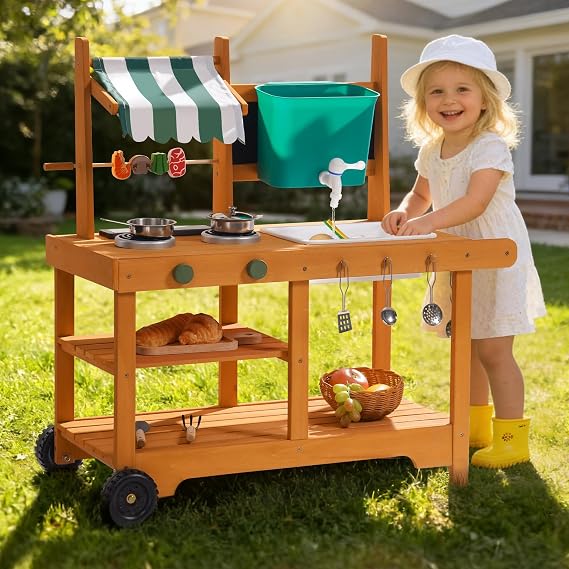 ROBOTIME Mud Kitchen with Rolling Wheels and Fabric Awning for Kids 3+