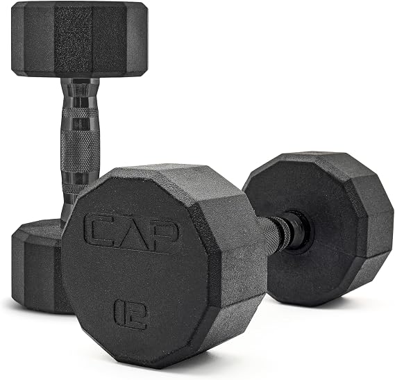 CAP Rubber Coated Dumbbell Weights, Free Weights for Home Gym Strength Training, Anti-Roll Hex Dumbbells with Black, Chrome & Comfort Grip Handles, Pairs & Sets