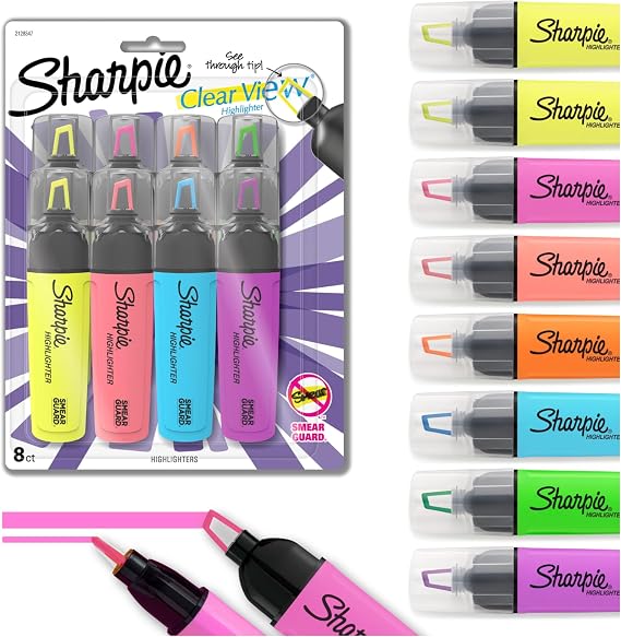 Sharpie Clear View Highlighters, See-Through Chisel Tip, Fluorescent Assorted Colors, 8 Count
