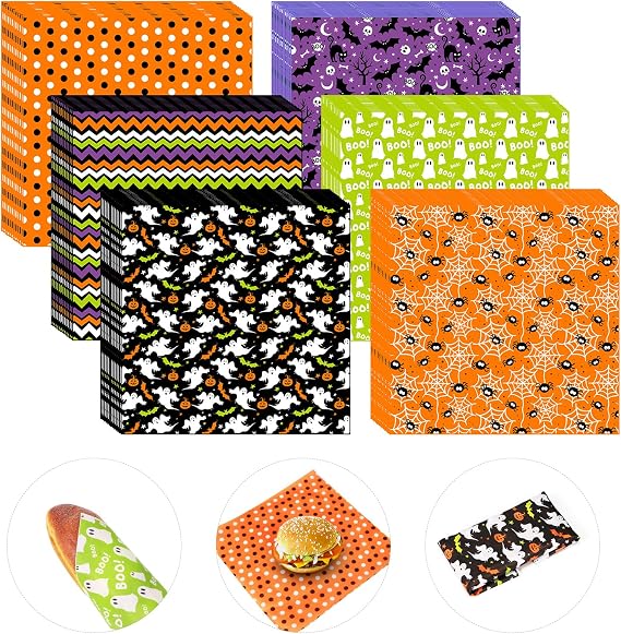 480 Pcs Halloween Wax Paper Dry Waxed Deli Paper Sheets 12x12 inch Sandwich Wrap Food Basket Liner Parchment Sheets for Party Holiday Home Kitchen Bar Restaurant Party Decorations