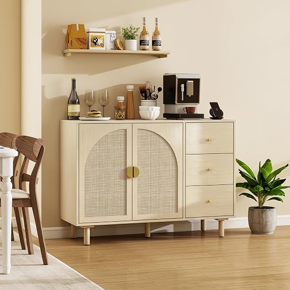vistavie Rattan Sideboard Buffet Cabinet with 2 Doors and 3 Drawers, Rattan Cabinet with Charging Station, Storage Wood Console Table for Dining Room, Living Room, Kitchen (Natural)