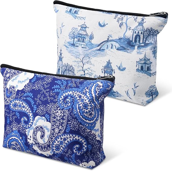 2 Pcs Empty American Mahjong Tile Bag, Print, Blue, White