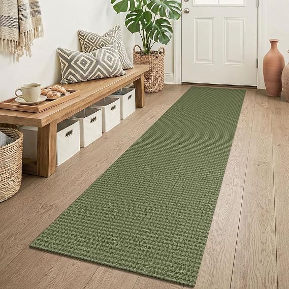 KOZYFLY Cotton 2x6 Washable Runner Rug, Non Slip Runners for Hallway, Woven Entryway Runner, Braided Floor Carpet Runner for Entry, Kitchen, Bedside, Hall, Olive Green/Earthy Green