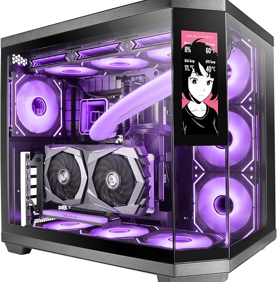 Mars Gaming MC-3TCORELCD ATX Gaming Case, 7.2" IPS Customizable Display, Triple Removable Tempered Glass, Double Side Camera Frame, Liquid Cooling Support up to 360mm, Black