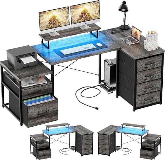 Unikito 70.8" Reversible L Shaped Computer Desk with Fabric File Drawers, Corner Desk with RGB LED Light & Power Outlets & Monitor Stand, Large Gaming Desk for Home Office Workstation, Black Oak