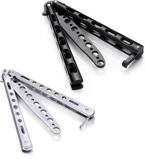 Moon Boat 2PCS Butterfly Training Set Metal Flipping Practice Tools for Beginners & Advanced Users Safe Design with Skeletonized Handles Black & Silver