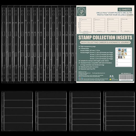 Uncle Paul Postage Stamp Pages 12 Sheets 5/6/7/8 Rows Collecting Sleeves