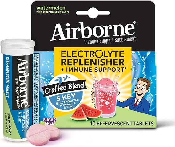 Airborne Immune Support Supplement with Electrolytes Vitamin C Zinc, Sugar Free Effervescent Replenisher 10 Fizzy Drink Tablets, Watermelon Flavor