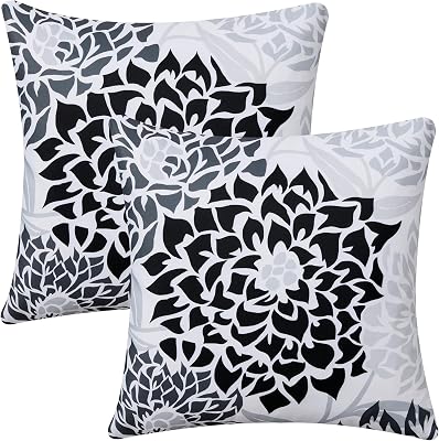 Outdoor Pillow Covers 18x18 Set of 2 Black Gray Flower Pattern Decoration Throw Pillow Covers for Spring Summer Outdoor Waterproof Furniture Garden Patio Sofa Bedroom Home Decor JB011-B18
