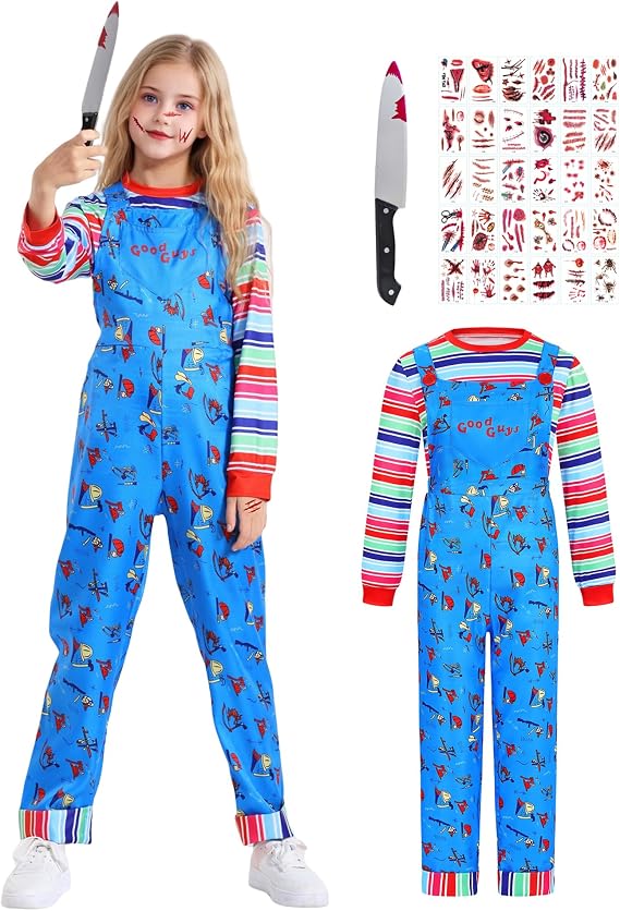 Kids Halloween Doll Killer Costume Boys Girls Blue Jumpsuit with Striped Shirt Scary Guys Cosplay Outfit Set