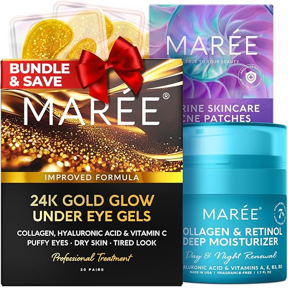 MAREE Skincare Bundle - Under Eye 24K Gold Patches, Face Moisturizer & Acne learing Devices - Collagen & Hyaluronic Acid, Retinol, Green Algae Extract & Tea Tree Oil - All Skin Types