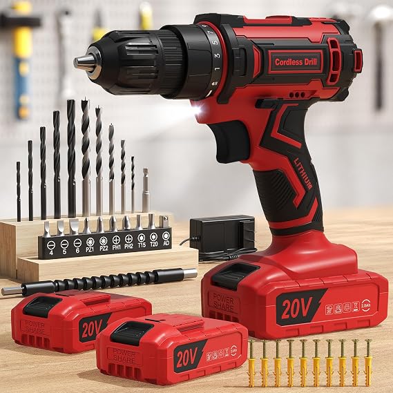 Cordless Drill, 20V Power Drill, Double 2000mAh Power Pack Electric Drills, Cordless Drills with Power Pack and Charger, 3/8" Keyless Chuck Screwdriver with 25+1 Max 370 In-lb Torque, 42Pcs Bits