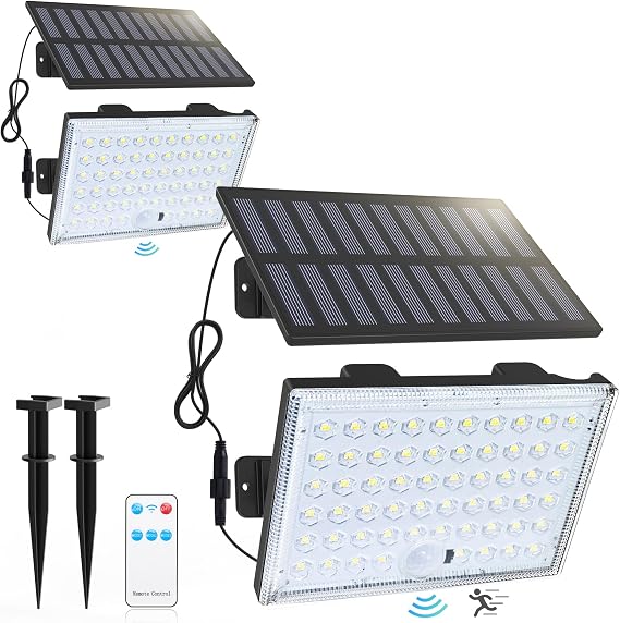 ZCXLIGHT Solar Lights Outdoor Garden, 3 Modes Solar Security Lights Motion Sensor with Remote, IP65 Waterproof Outdoor Solar Lights with 16.4ft Cable, Split PIR Lamp with Ground Plug for Yard-2 Pack [Energy Class A]
