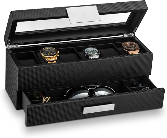 Glenor Co Watch Box with Valet Drawer for Men - 6 Slot Luxury Watch Case Display Organizer, Carbon Fiber Design -Metal Buckle for Mens Jewelry Watches, Men's Storage Holder Boxes has a Large Glass Top