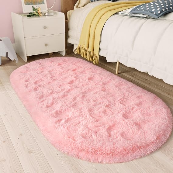 LOCHAS Bedroom Rug 2.6' x 5.3', Pink Fluffy Shaggy Area Rug for Kids Room | Soft Oval Throw Rugs Carpet for Bedroom Bedside, for Girls Dorm Nursery Living Room, Home Decor