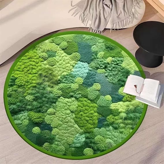 Lifup Green Moss Area Rug, Soft Botanical Print Shag Round Rug Carpet, Non Slip Washable Boho Area Rugs for Living Room Bedroom Decor Green 2.6 x 2.6 Feet