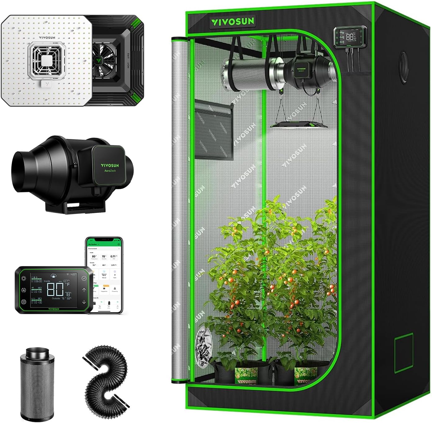 VIVOSUN S336 3x3 Grow Tent Smart Kit with AeroLight, 100W LED Grow Light, AeroZesh S4 Inline Duct Fan, 4 Inch 16 Feet Black Air Aluminum Ducting and 4 Inch Air Carbon Filter Smelliness Control