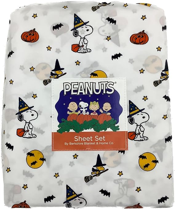 Berkshire Blanket & Home Co. Peanuts Halloween Fall Themed Sheet Sets (White - Pumpkins, Bats, Broomsticks & Witch Hats, Queen)