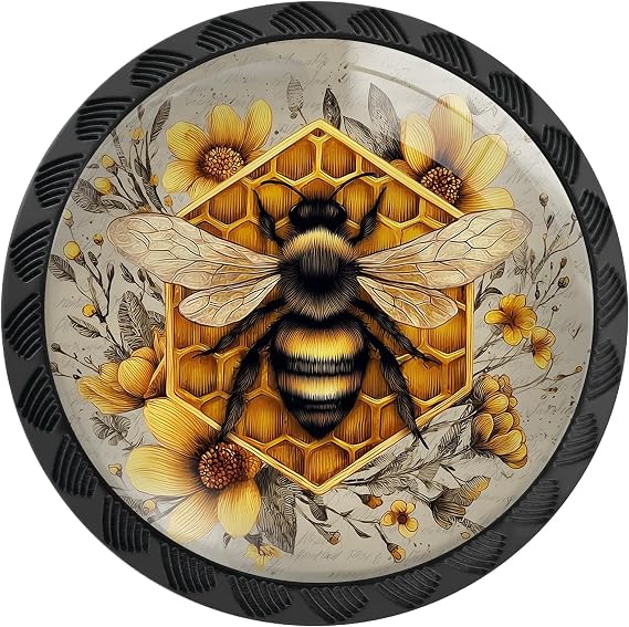 4 Pack Yellow Bee Pattern Cabinet Knobs for Kitchen Bathroom