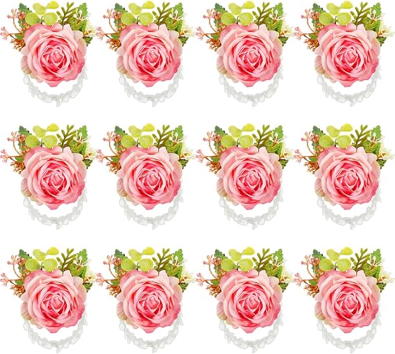 Jexine 12 Pcs Rose Wrist Corsage Bracelet Wedding Bridal, Peach