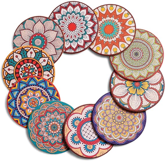 Cork Drink Coasters Vintage Boho Floral Colorful Cup Mats Set