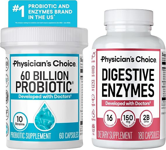 Physician's CHOICE Advanced Gut Health Bundle: 60 Billion Probiotic 60ct + Digestive Enzymes 180ct w/Bromelain+ Digestive, Gut, Immune Health Supports Occasional Constipation, Diarrhea, Gas, Bloating
