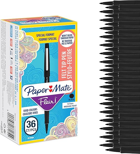 Paper Mate Flair Felt Tip Pens Medium Tip (0.7mm) Black Pack of 36