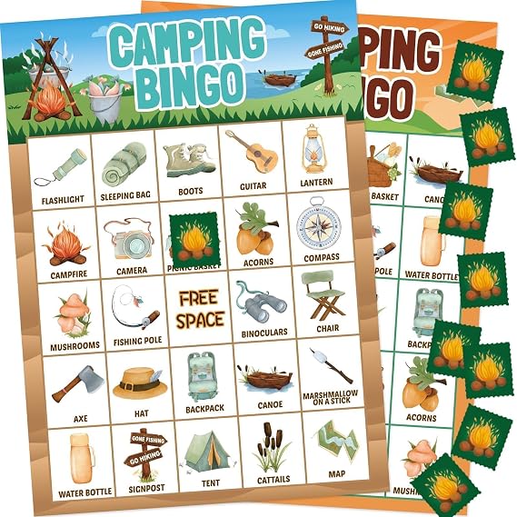 Fancy Land Camping Bingo Game for Kids 24 Players Outdoor Adventure Supply | Camp Activities