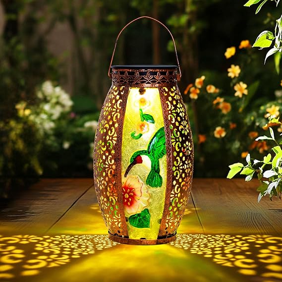 Larekook Hummingbird Solar Lantern Outdoor Waterproof,13" Large Hanging Lantern Decorative,Metal Hummingbird Solar Lights for Yard Table Porch Patio Garden Decor,Birthday Gifts for Women Mom