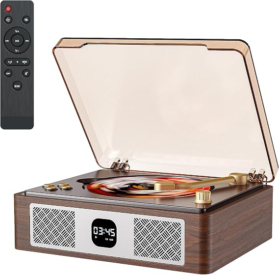 CARONSORT Retro Cd Player Can Rip to USB,Nostalgic Bluetooth CD Player for Home,Built-in Speakers with LCD Screen,Supports Coaxial/3.5mm/FM Radio with Remote Control-Wired Walnut Brown