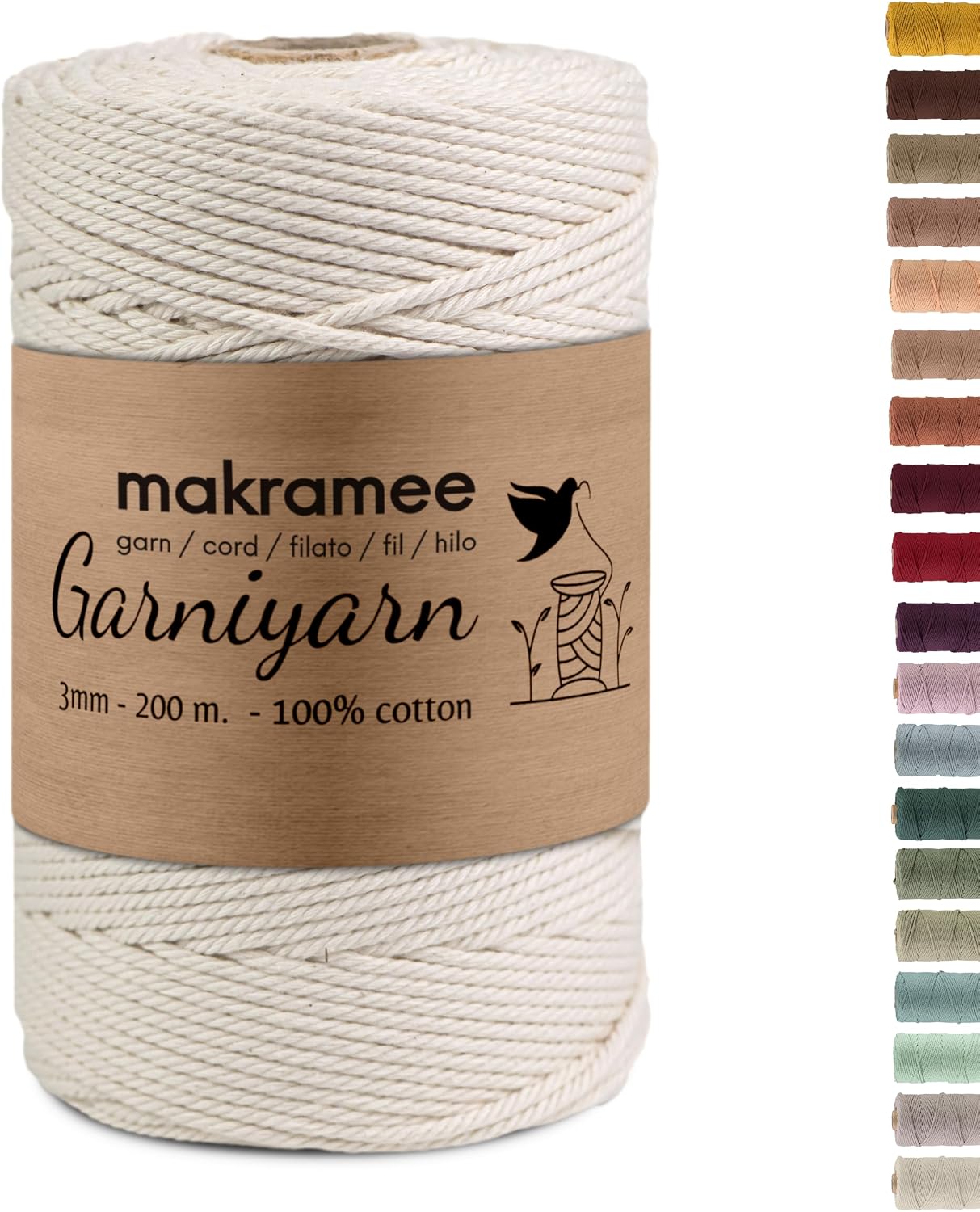 Macrame Yarn 3 mm x 200 m 100% Cotton 4-ply Twisted Oeko-Tex Cotton Cord for Wall Hanging Plant Hangers & DIY Crafts Natural 1 Piece