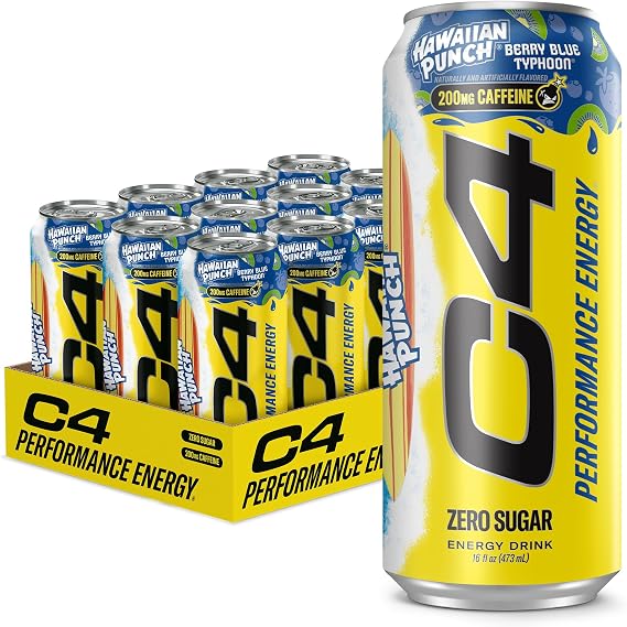 C4 Performance Energy Drink with Zero Sugar, Berry Blue Typhoon, 12pk