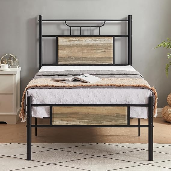 VECELO Twin Size Platform Bed Frame with Wood Headboard/Mattress Foundation/Premium Steel Slats Support/No Box Spring Needed,Grey Slate(Crown)