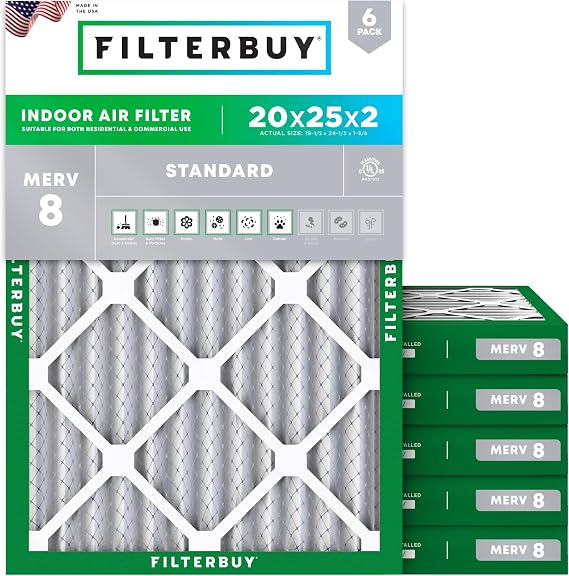 Filterbuy 20x25x2 Air Filter MERV 8 Dust & Allergy Defense (6-Pack)