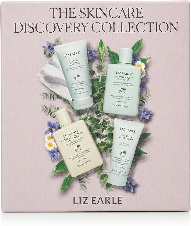 Liz Earle The Skincare Discovery Collection Gift Set, Hot Cloth Cleanser 30ml, Skin Tonic 50ml, Eye Lotion 50ml, Light Cream 15ml with Cotton Cloth
