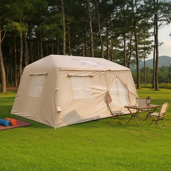 KEIKI Oxford Hot Tent for Camping, 2/3/4/6/8 Person Large Inflatable Tents w/Detachable Canopy, 4 Season Waterproof Tent for Hike Backpacking, Stove Jack AC Port, Mesh Doors Windows, Pump, Easy Setup