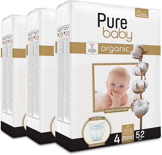 Pure Baby Organik Pamuklu Cırtlı Bez 3'Lü Paket 4 Numara Maxi 156 Adet