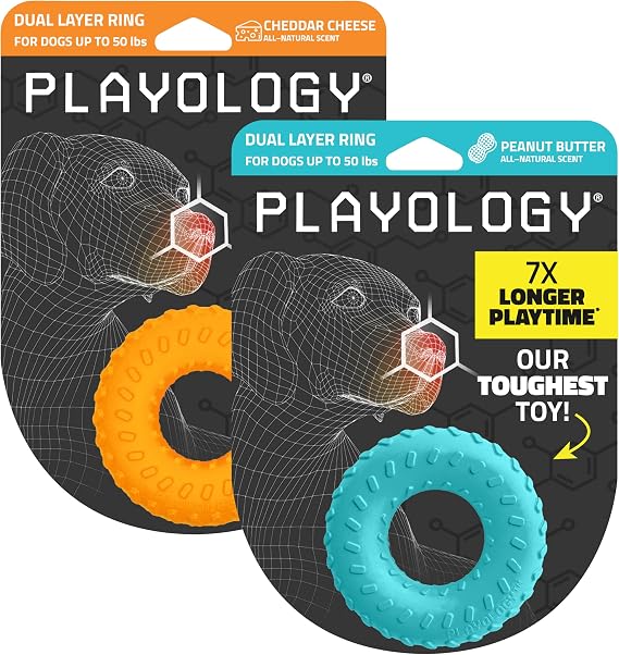 Playology Dual Layer Ring Medium Chew Toys, Cheddar & Peanut Butter, 2-Pack