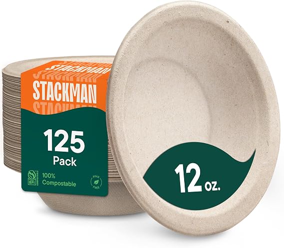 100% Compostable Paper Bowls - 12 oz [125-Pack] Heavy Duty Soup Bowls