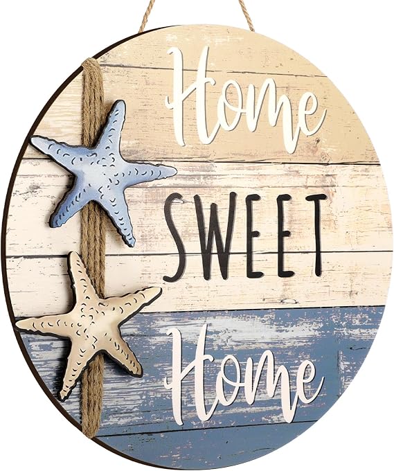 Wesiti Beach Front Door Decor Home Sweet Home Wall Hanging Decor Summer Starfish Style 3D Round Wood Farmhouse Sign for Living Room Bedroom