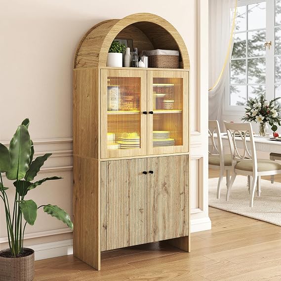 Zevemomo 69" Tall Arched Kitchen Pantry Cabinet, 5-Tier Dome Cabinet with Lights, Farmhouse Wood Storage Cabinets, Versatile Cupboard for Kitchen, Living Room, Dining Room, Pantry, Bathroom Natural